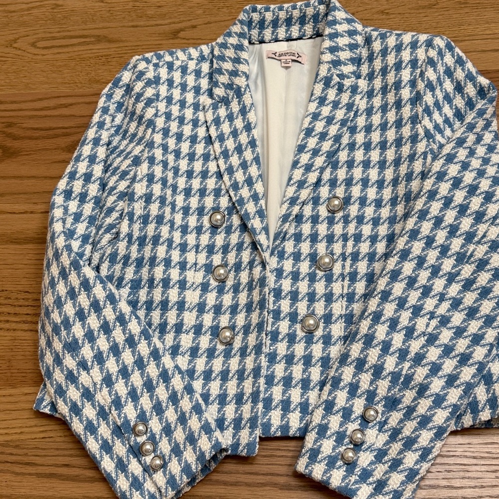 Nanette Lepore Blue and White Checkered Blazer